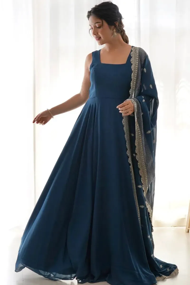 Teal Color Sleeveless Gown For Raksha Bandhan