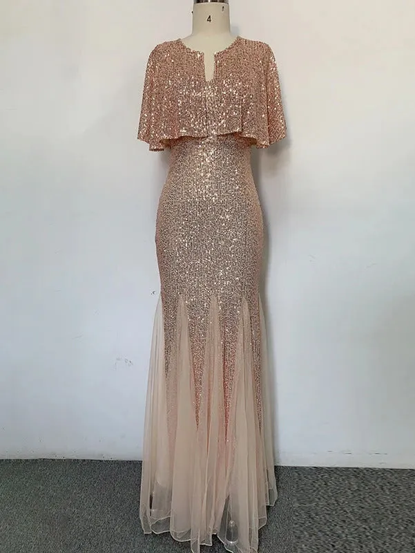 V-Neck Mermaid Dress with Shawl, Long Formal Prom Party Gown, Sequins Sleeveless, Sexy Evening Dress, Plus Size