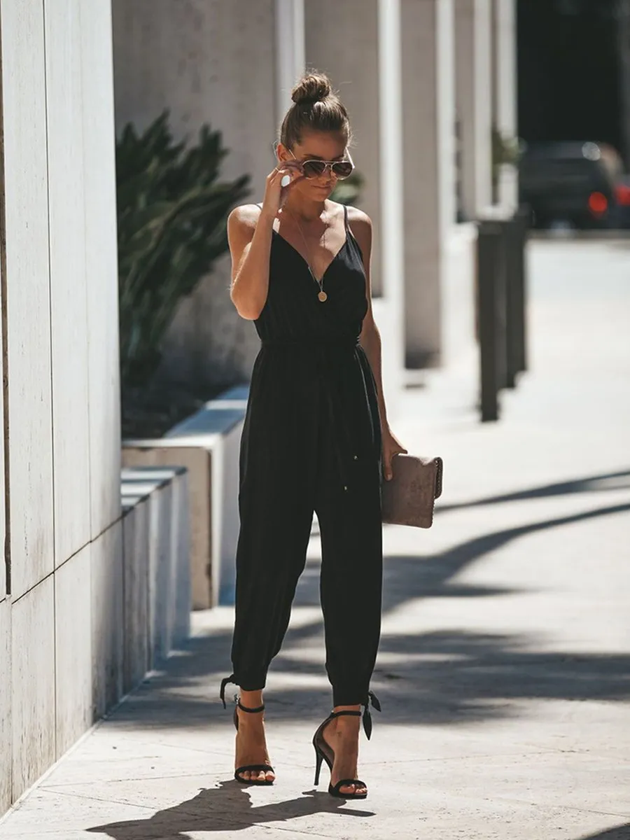 V Neck Split Long Floral Pocketed Romper Jumpsuits