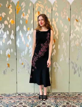 Vintage 1990s Black & Pink Floral Embroidery Dress, B40"