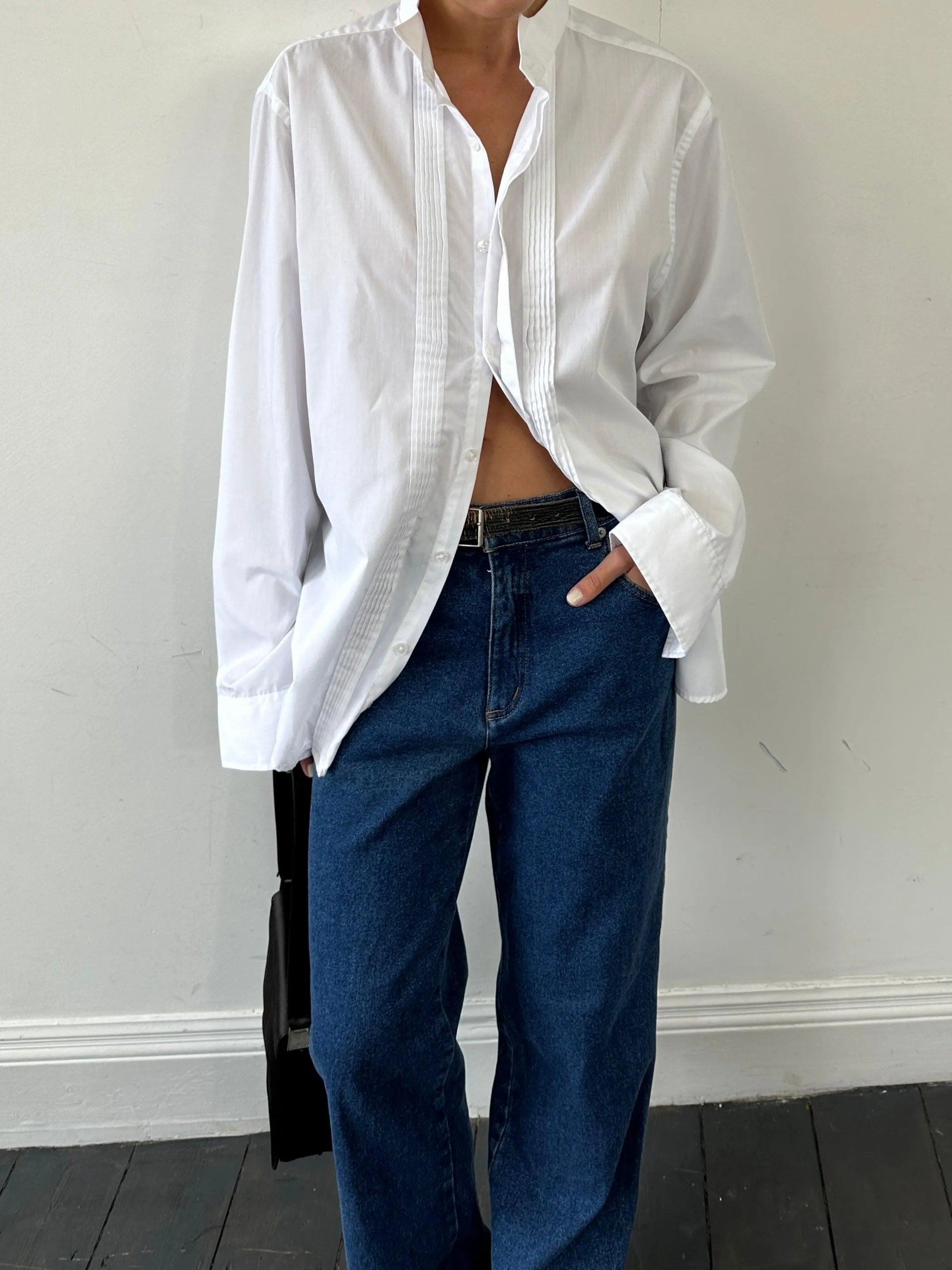 Vintage Cotton Pleated Wing Collar Dress Shirt - XL/XXL