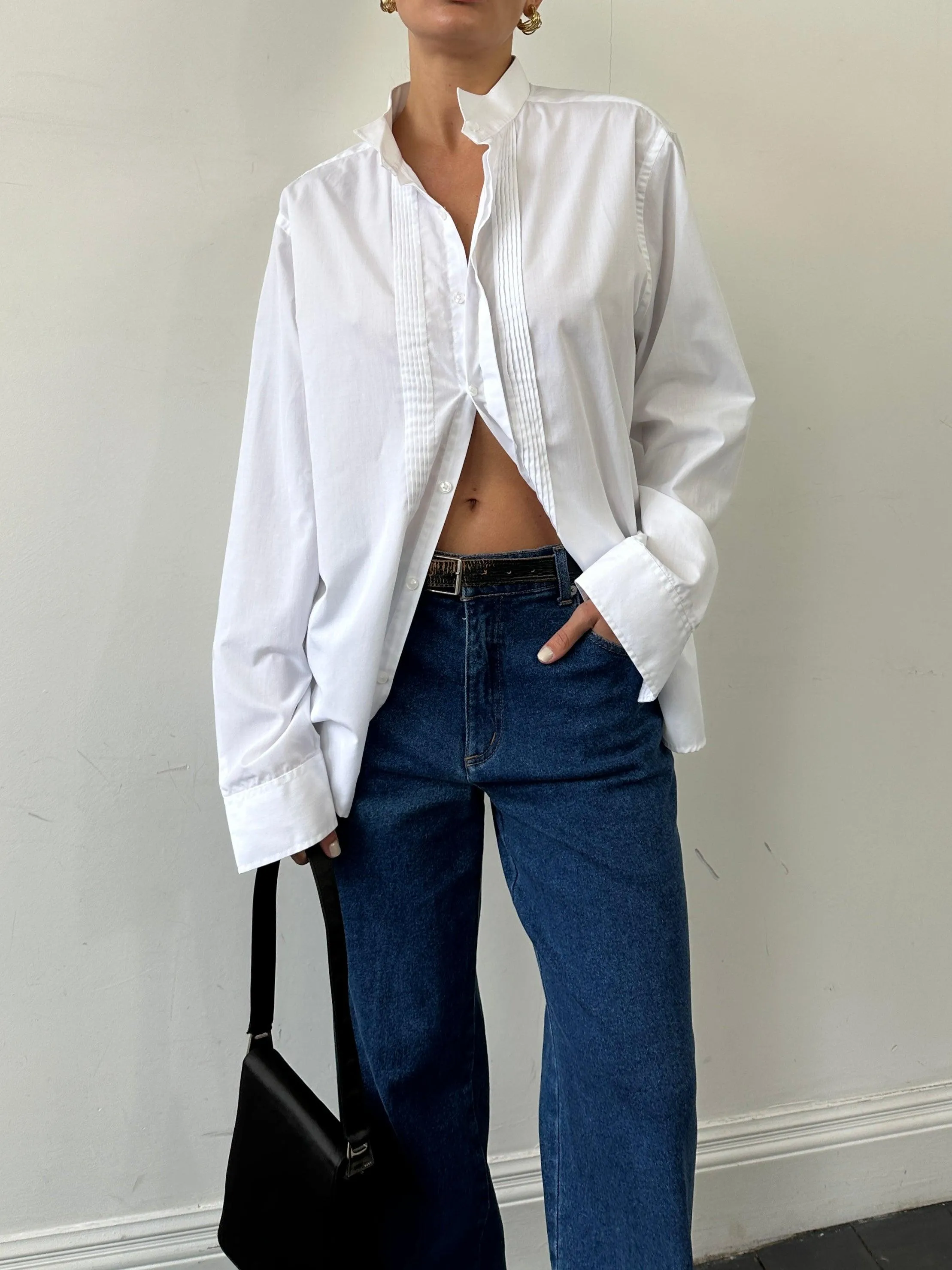 Vintage Cotton Pleated Wing Collar Dress Shirt - XL/XXL