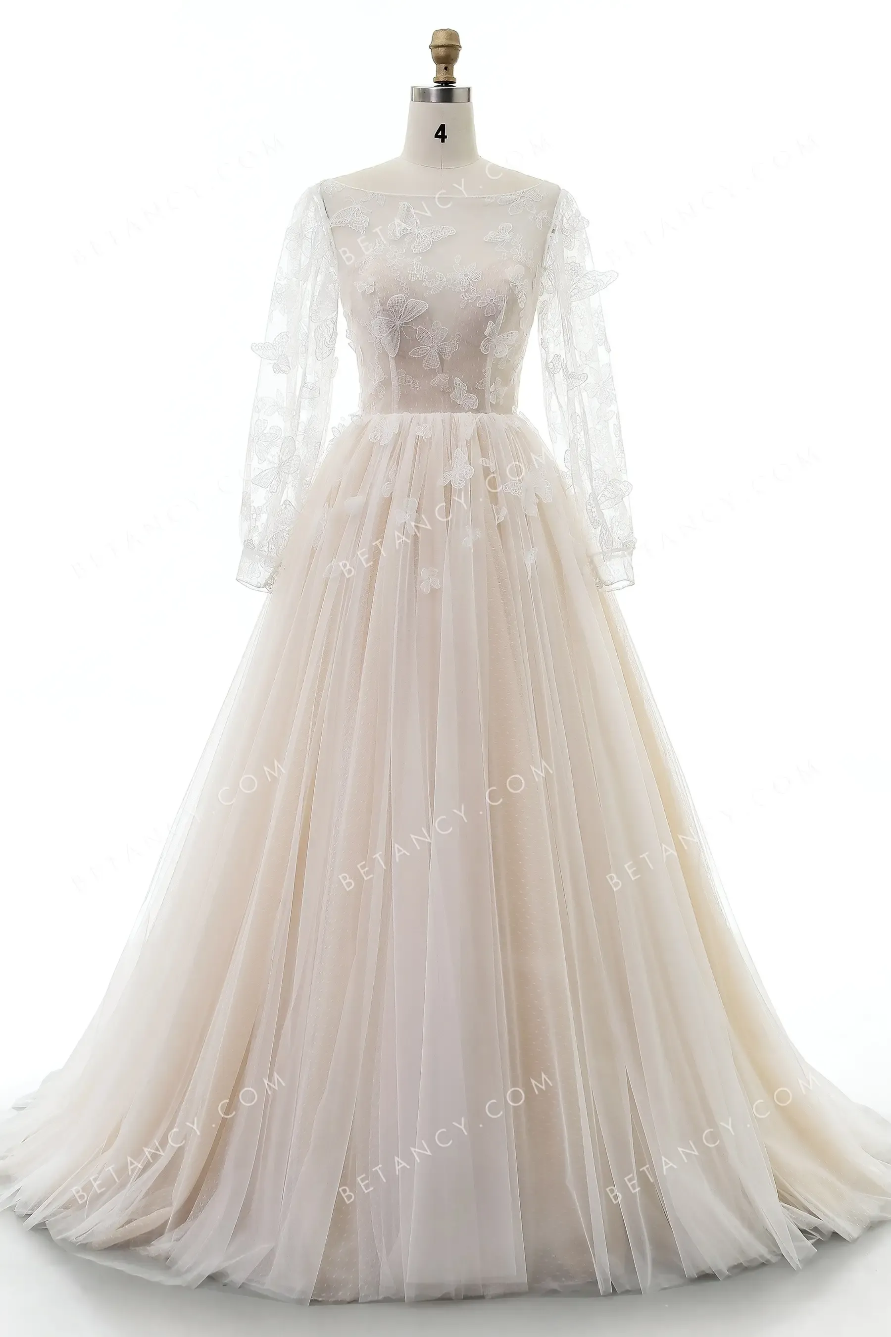 Vivid 3D Butterfly Bishop Sleeve Nude Wedding Dress