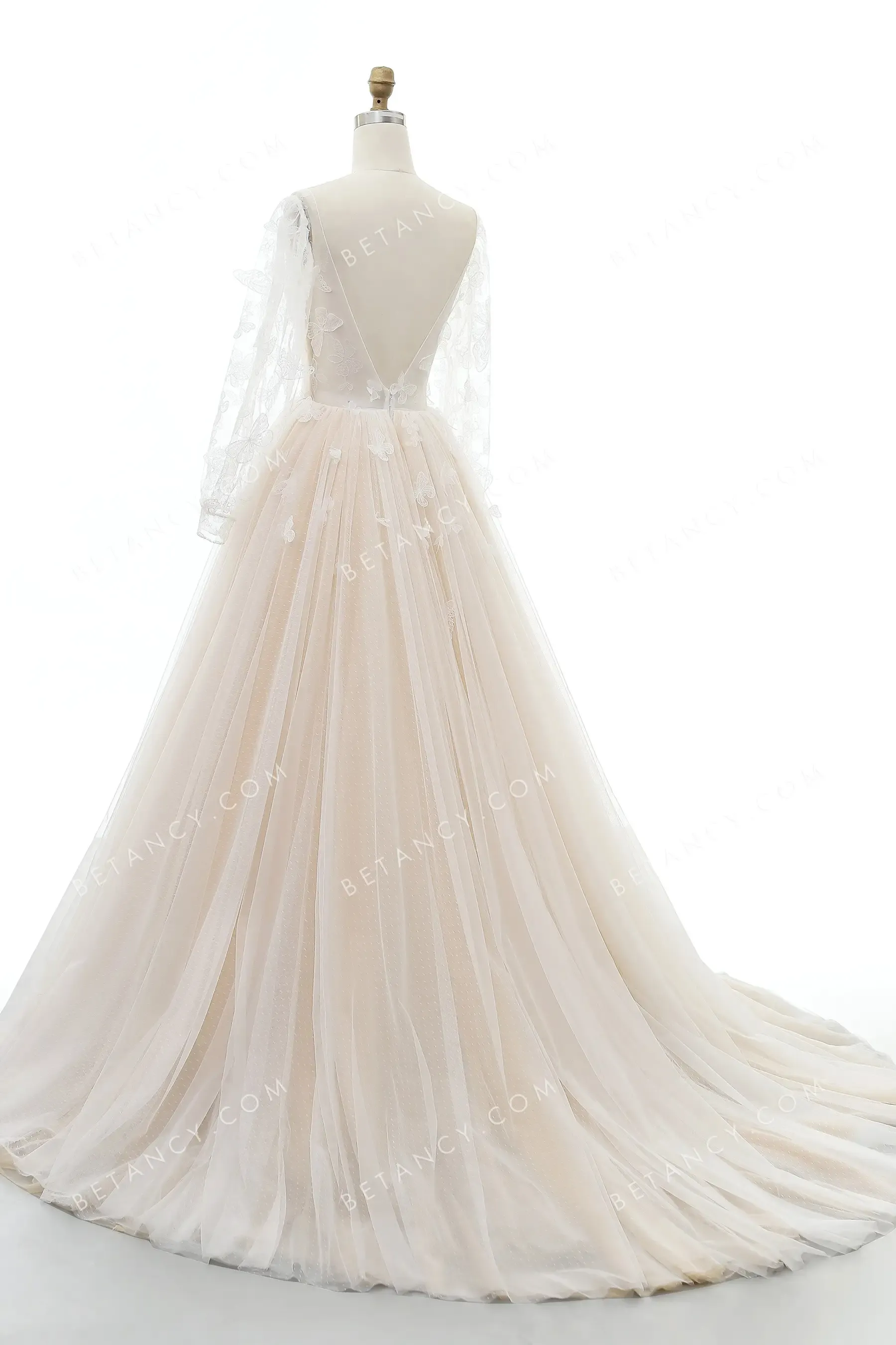 Vivid 3D Butterfly Bishop Sleeve Nude Wedding Dress