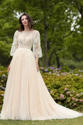 Vivid 3D Butterfly Bishop Sleeve Nude Wedding Dress