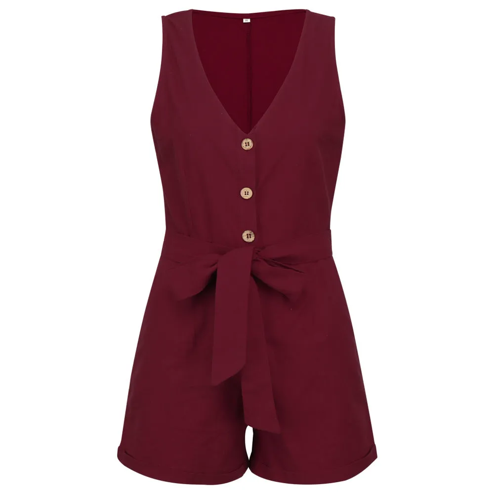Waistband V-Neck Sleeveless Shorts Jumpsuit