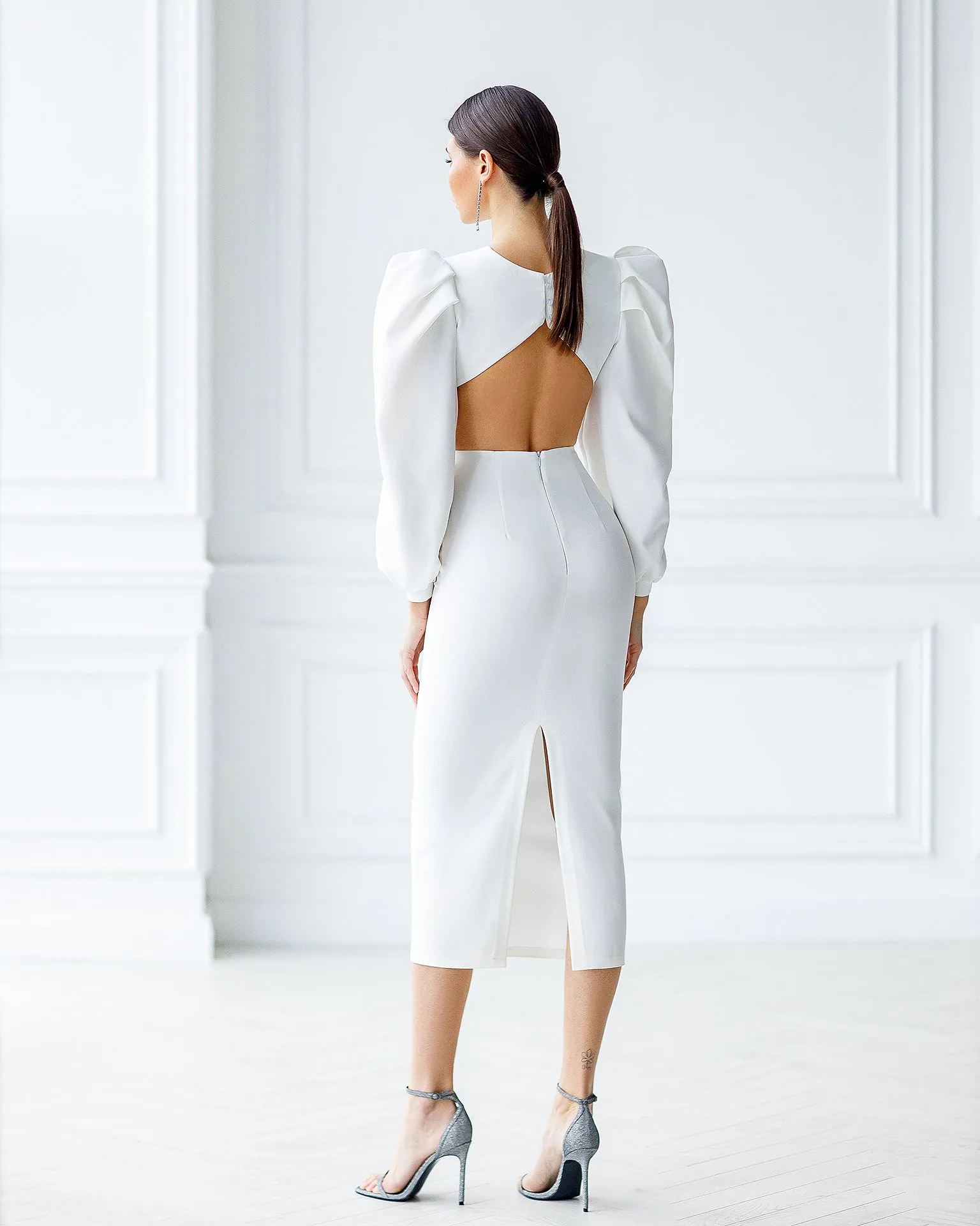 White Backless Cut-Out Puff-Sleeve Midi Dress