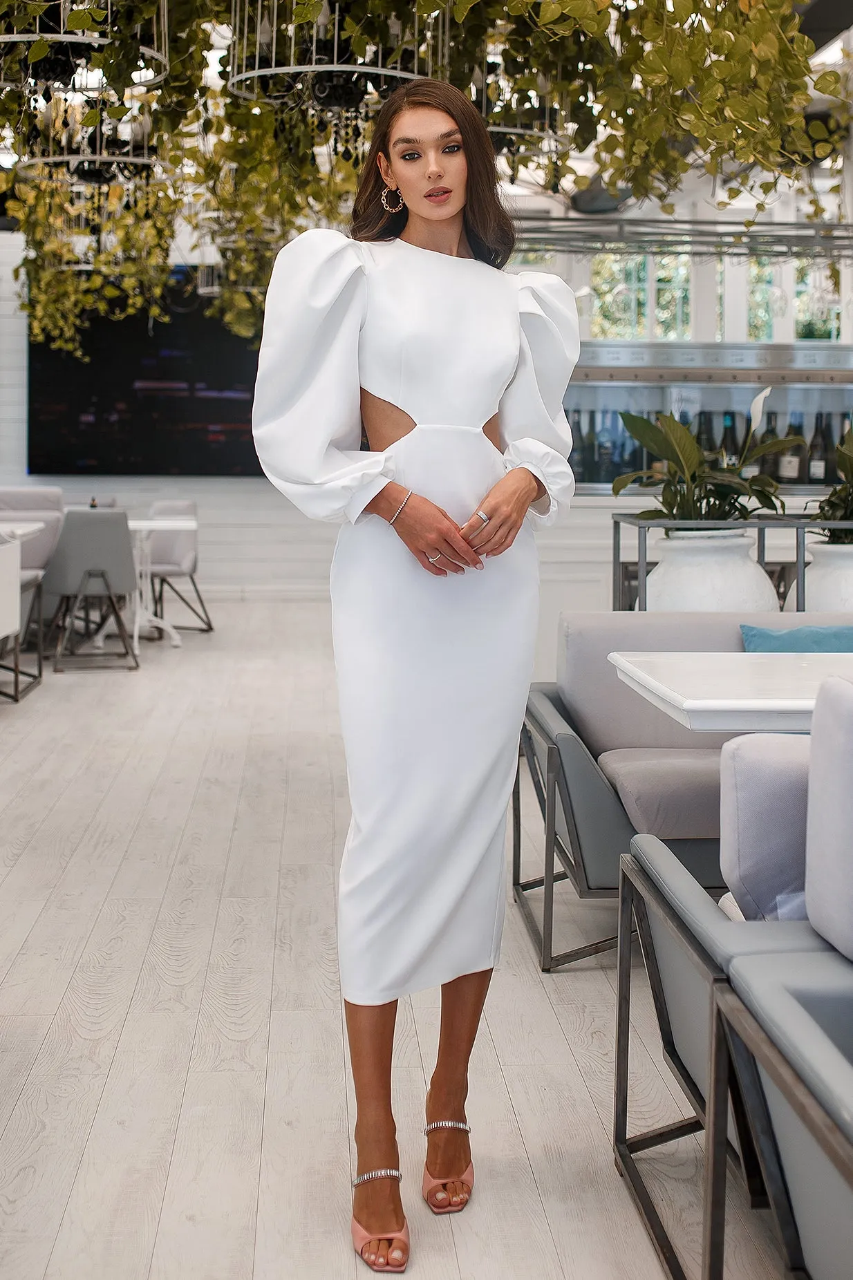 White Backless Cut-Out Puff-Sleeve Midi Dress
