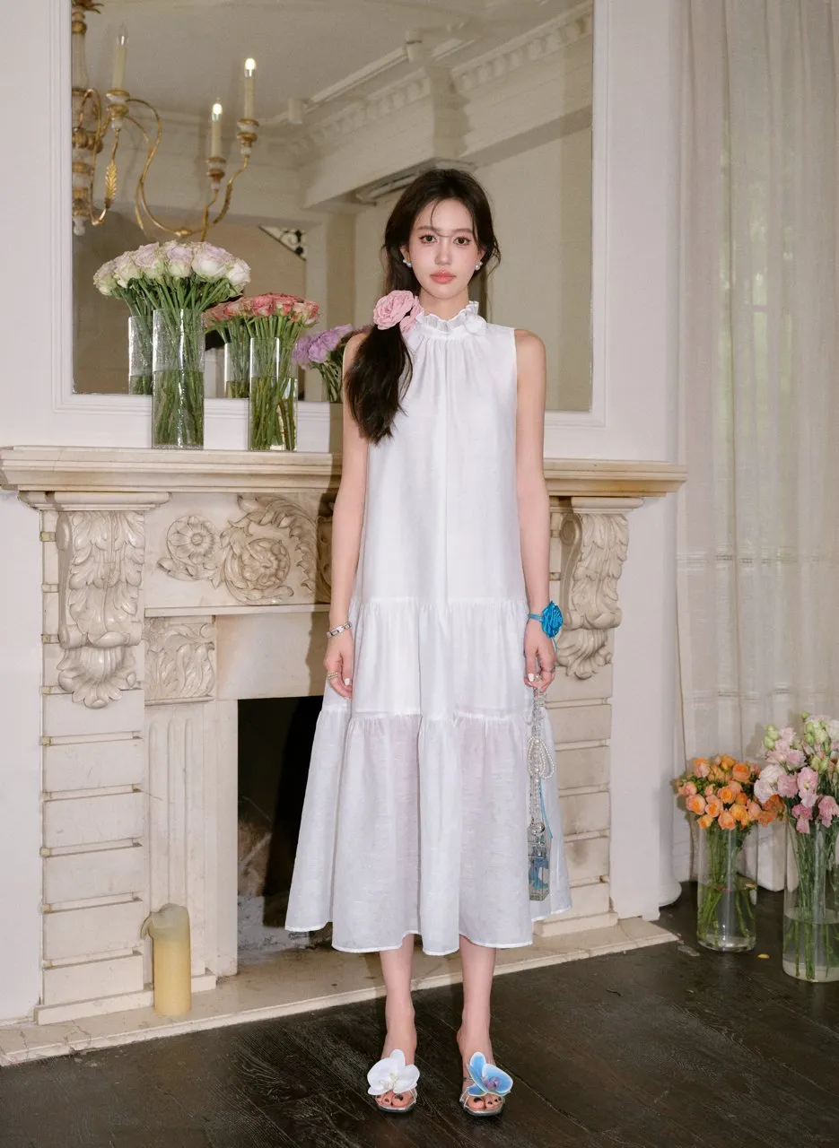 White Crushed Floral Sleeveless Wood Earring Dress