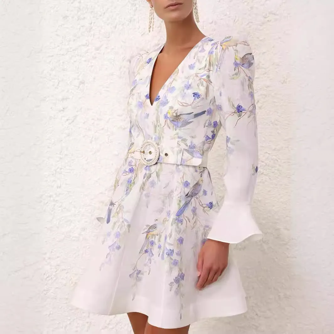 White Floral Print Long Sleeves Mini Dress