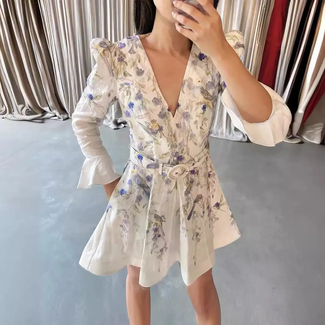 White Floral Print Long Sleeves Mini Dress
