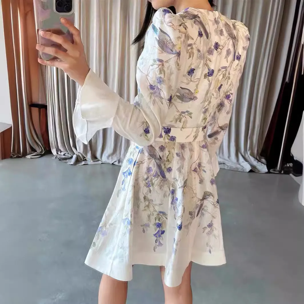 White Floral Print Long Sleeves Mini Dress