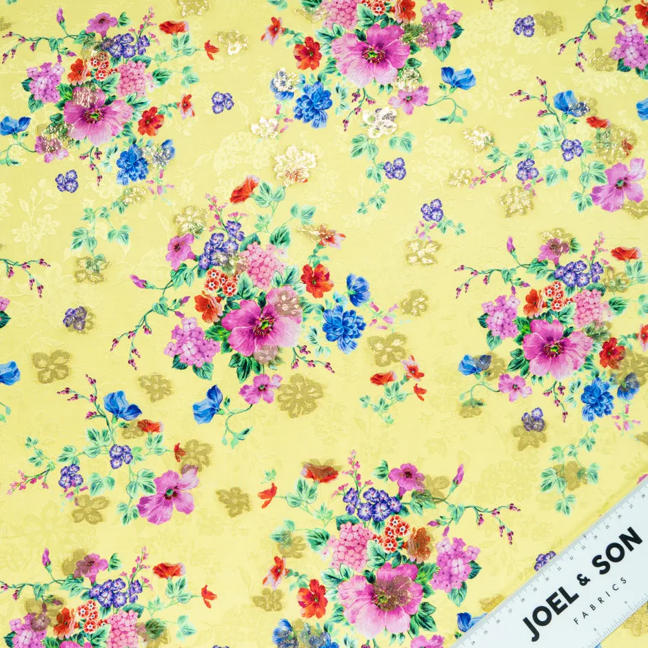 Wild Floral Printed Yellow Metallic Silk Jacquard