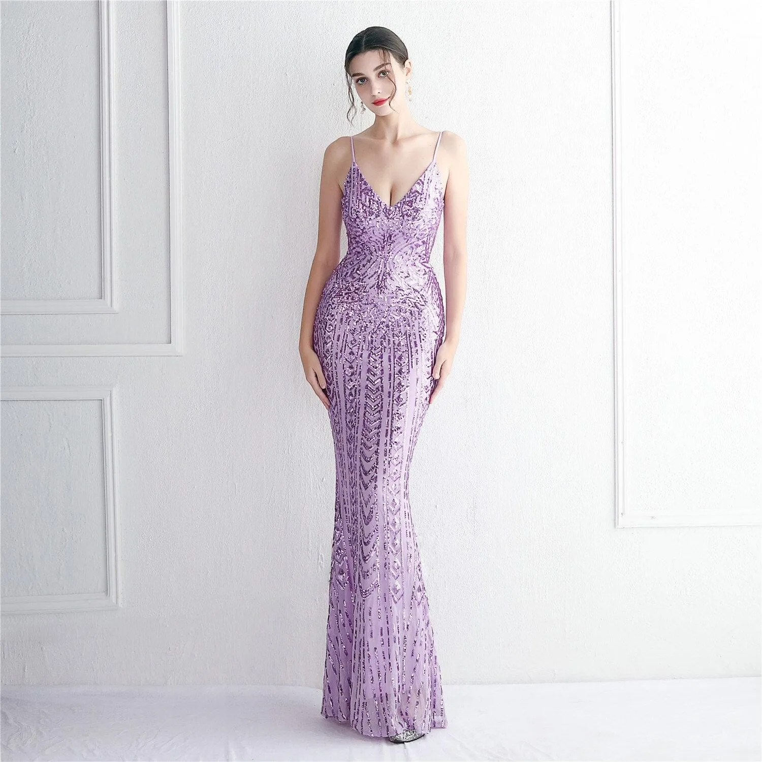 Women Purple Sequin Dress 10 Color Options Pretty V Neck...