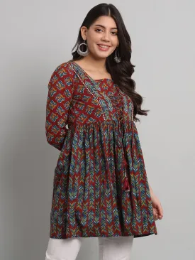 Women's Cotton Floral Printed Short Kurta with Hand Embroidery