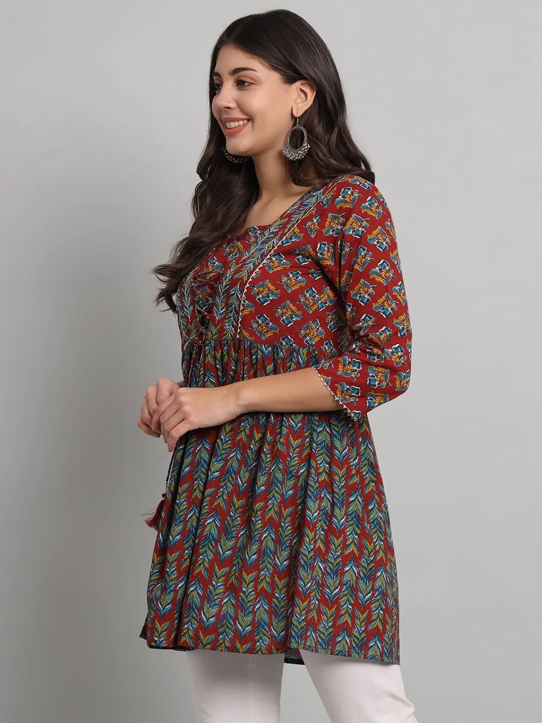 Women's Cotton Floral Printed Short Kurta with Hand Embroidery