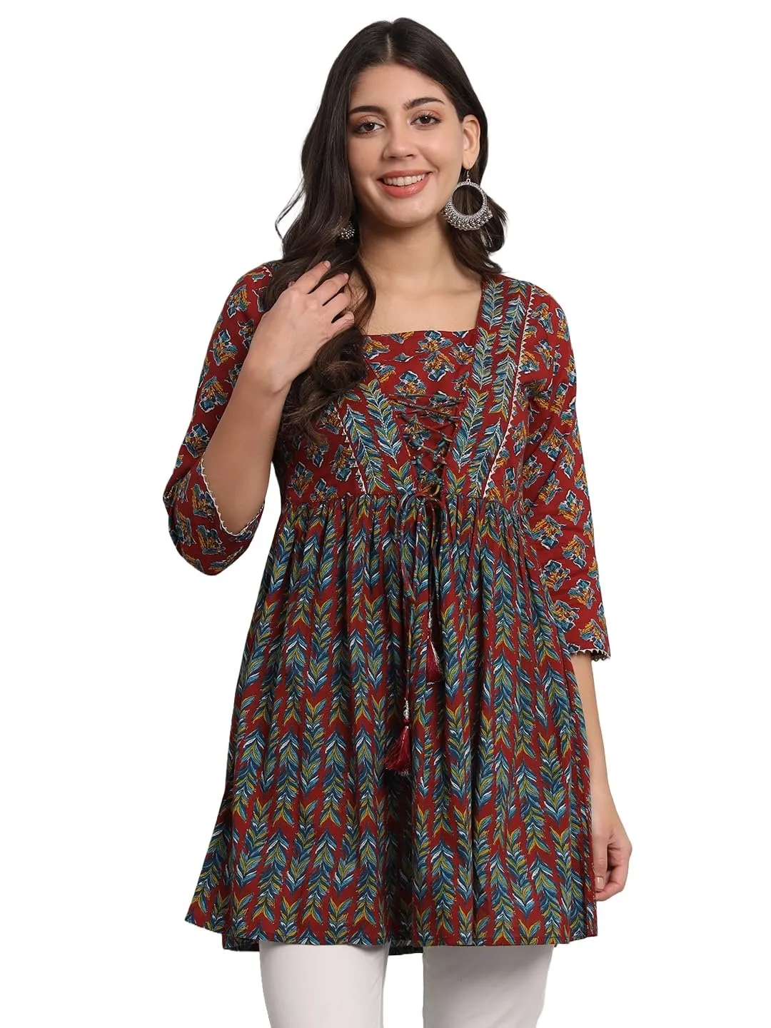 Women's Cotton Floral Printed Short Kurta with Hand Embroidery