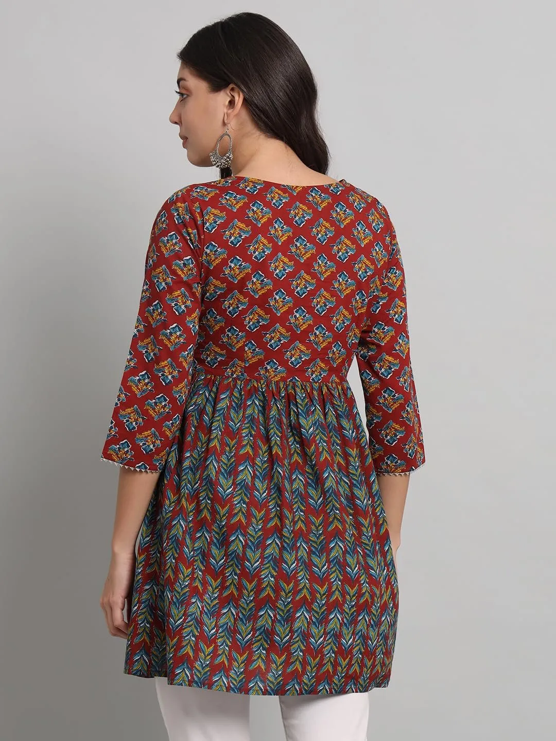 Women's Cotton Floral Printed Short Kurta with Hand Embroidery