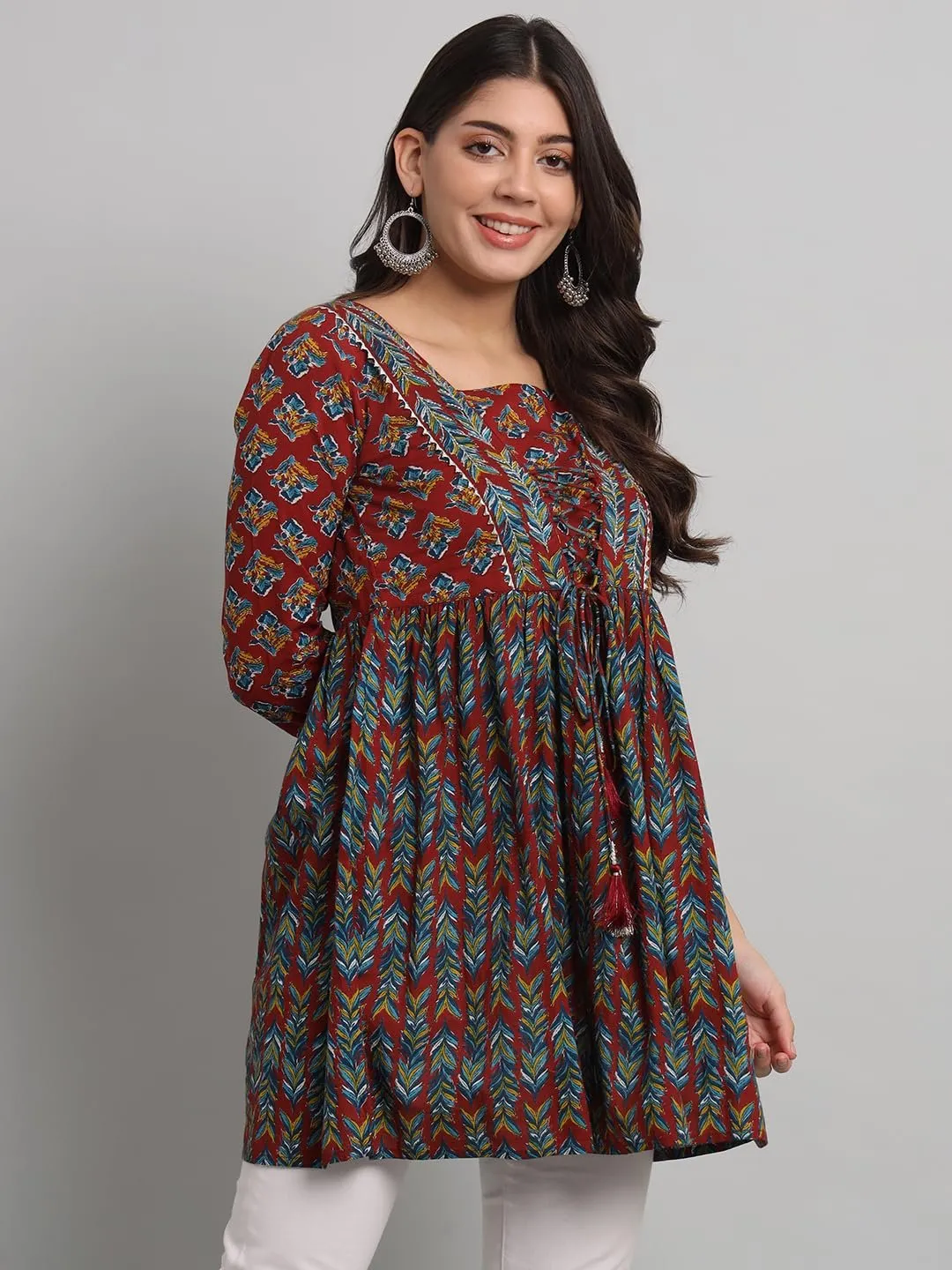 Women's Cotton Floral Printed Short Kurta with Hand Embroidery
