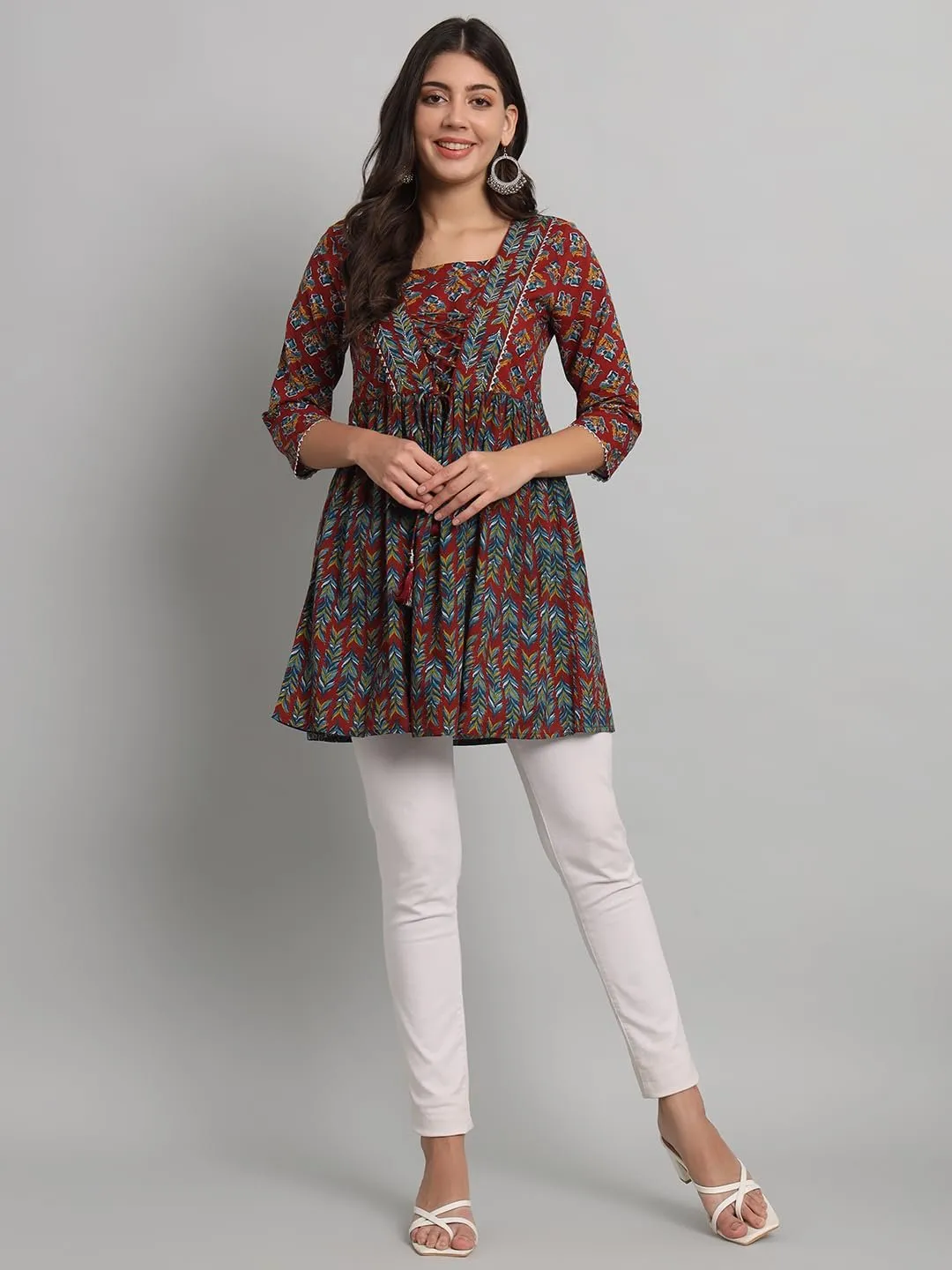 Women's Cotton Floral Printed Short Kurta with Hand Embroidery
