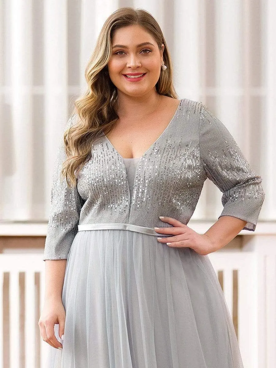 Women's V-Neck Floor Length Sparkly Evening Dress with Sleeve