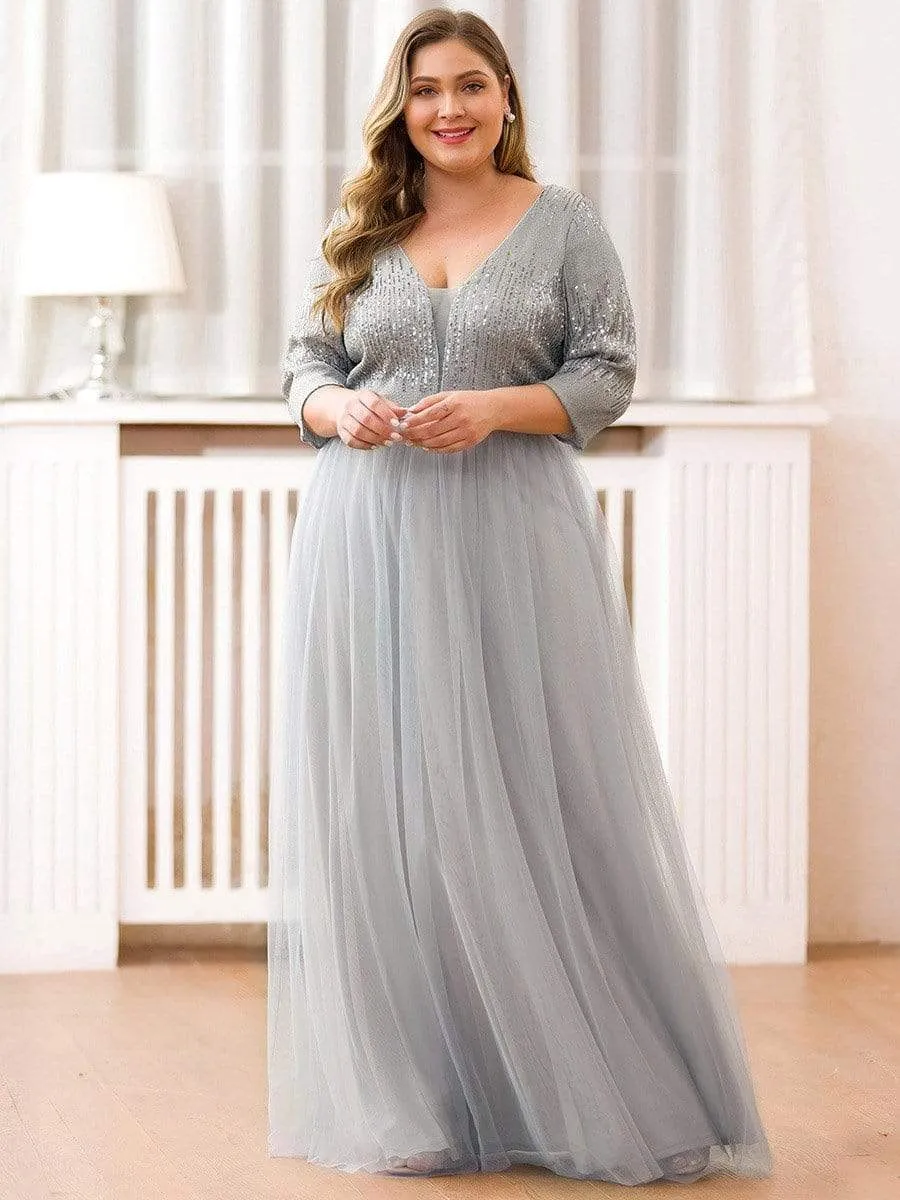 Women's V-Neck Floor Length Sparkly Evening Dress with Sleeve