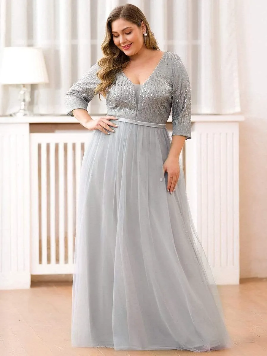 Women's V-Neck Floor Length Sparkly Evening Dress with Sleeve