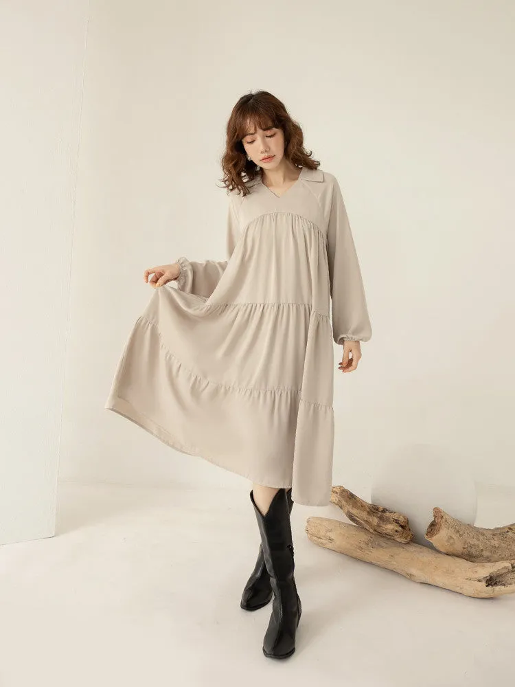 Wrinkle Free V-Neck Collar Tiered Long Dress