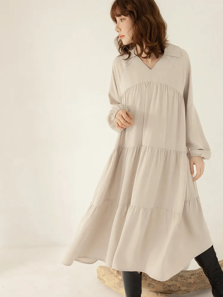 Wrinkle Free V-Neck Collar Tiered Long Dress