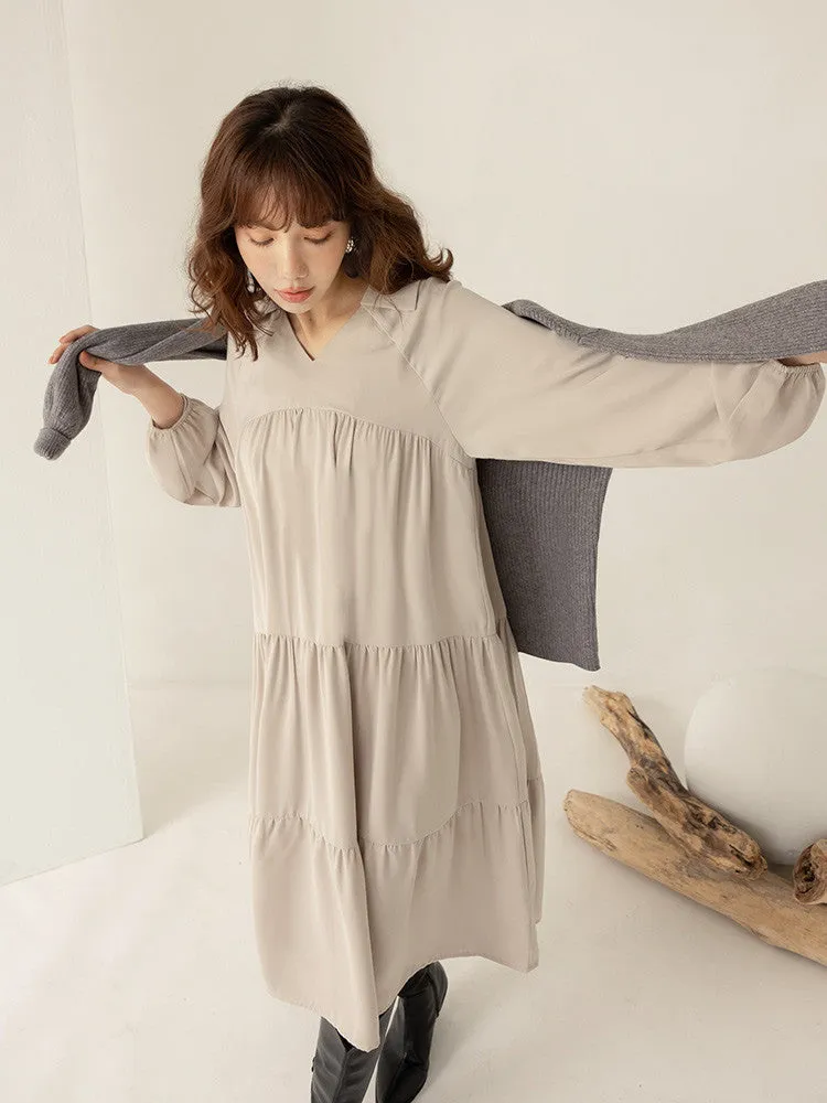 Wrinkle Free V-Neck Collar Tiered Long Dress