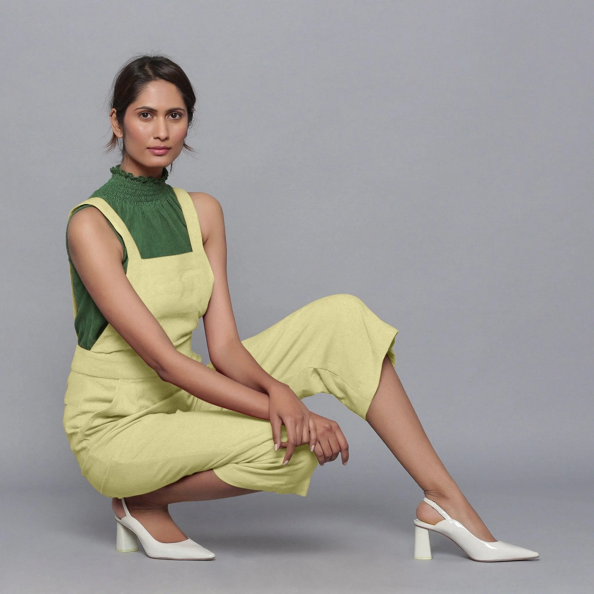 Yellow Pistachio Warm Cotton Corduroy Midi Dungaree Jumpsuit