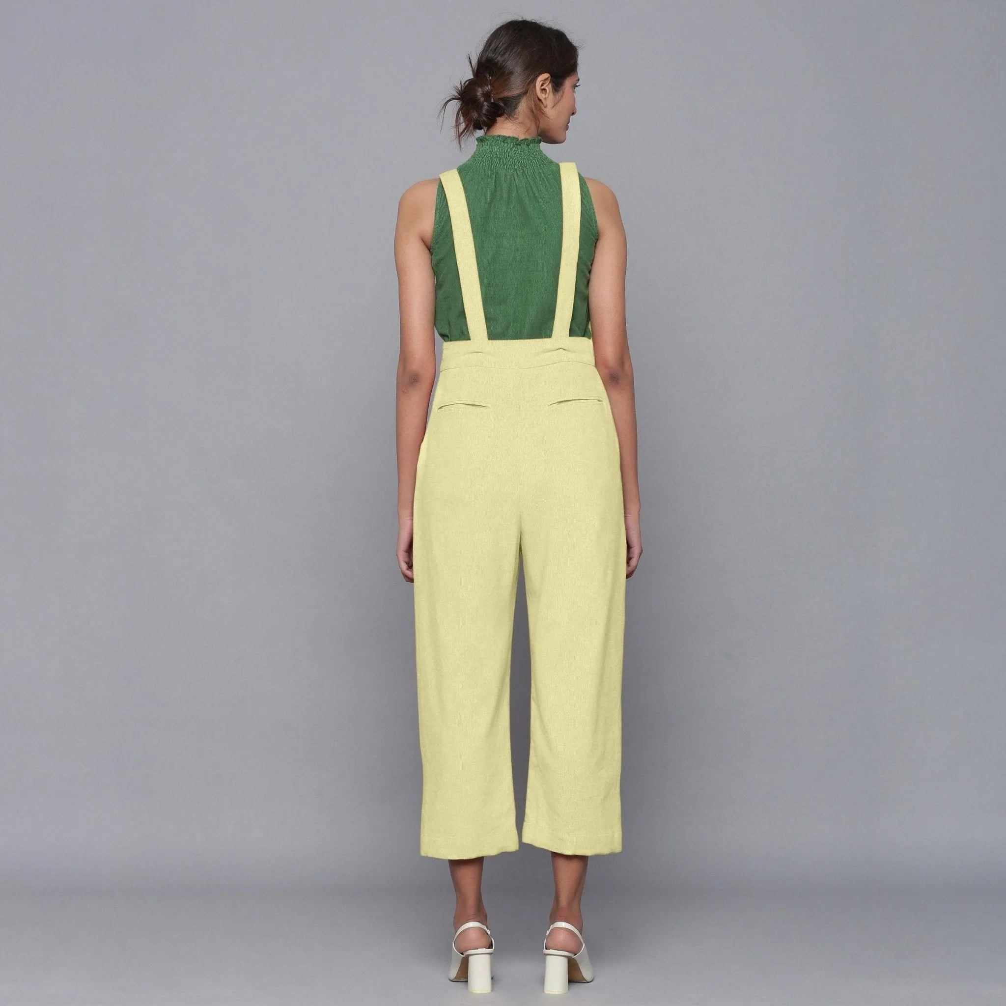 Yellow Pistachio Warm Cotton Corduroy Midi Dungaree Jumpsuit