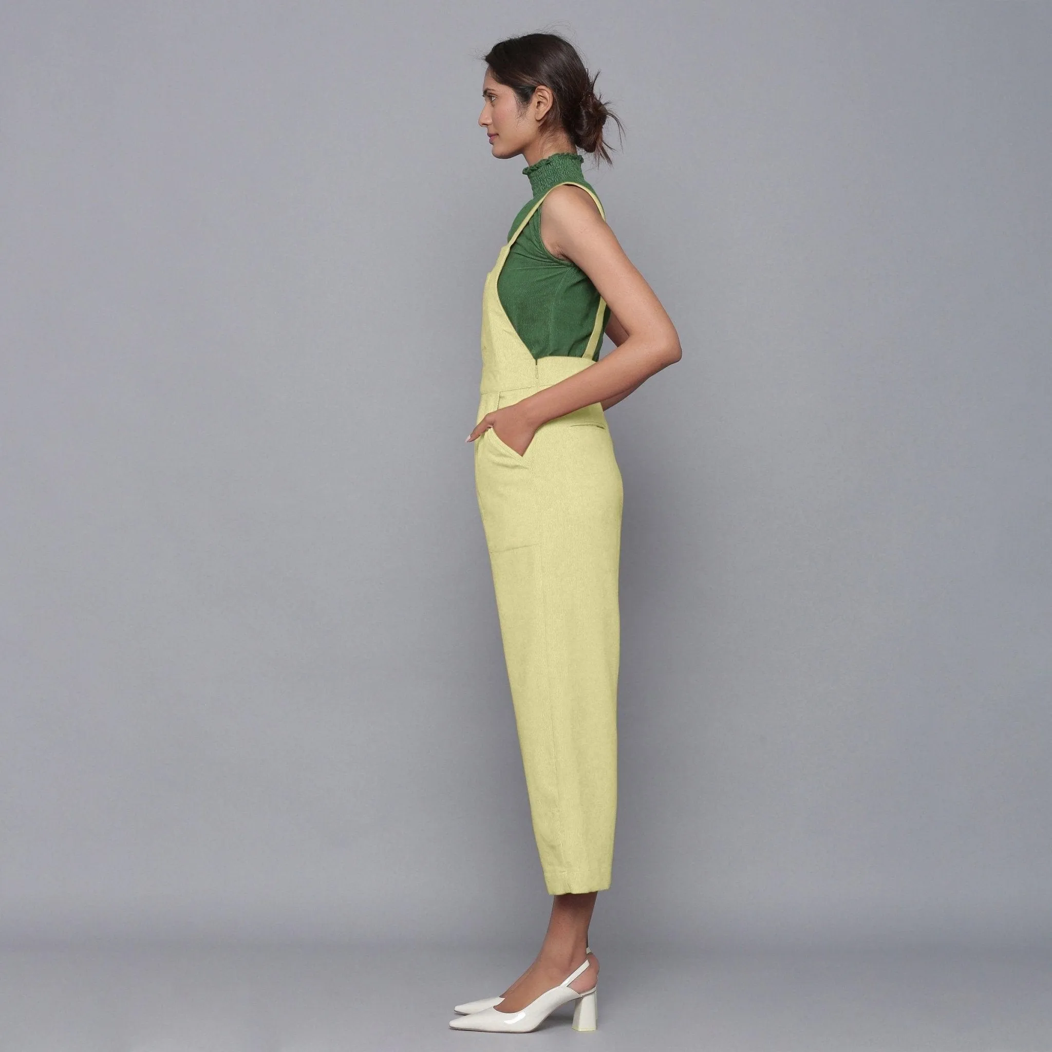 Yellow Pistachio Warm Cotton Corduroy Midi Dungaree Jumpsuit