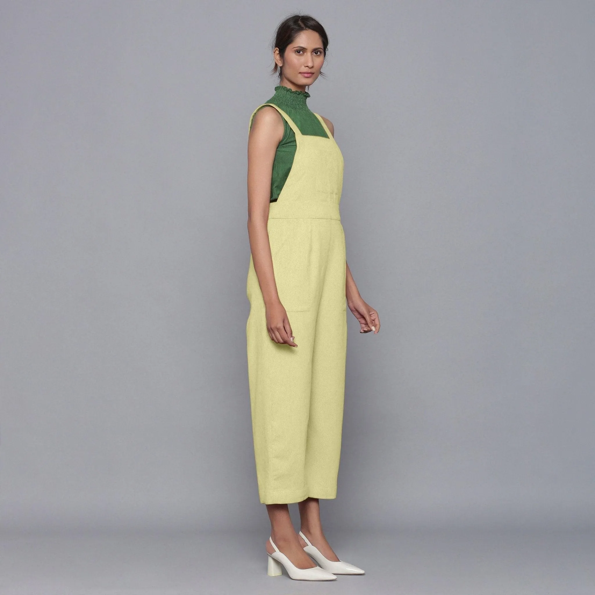 Yellow Pistachio Warm Cotton Corduroy Midi Dungaree Jumpsuit