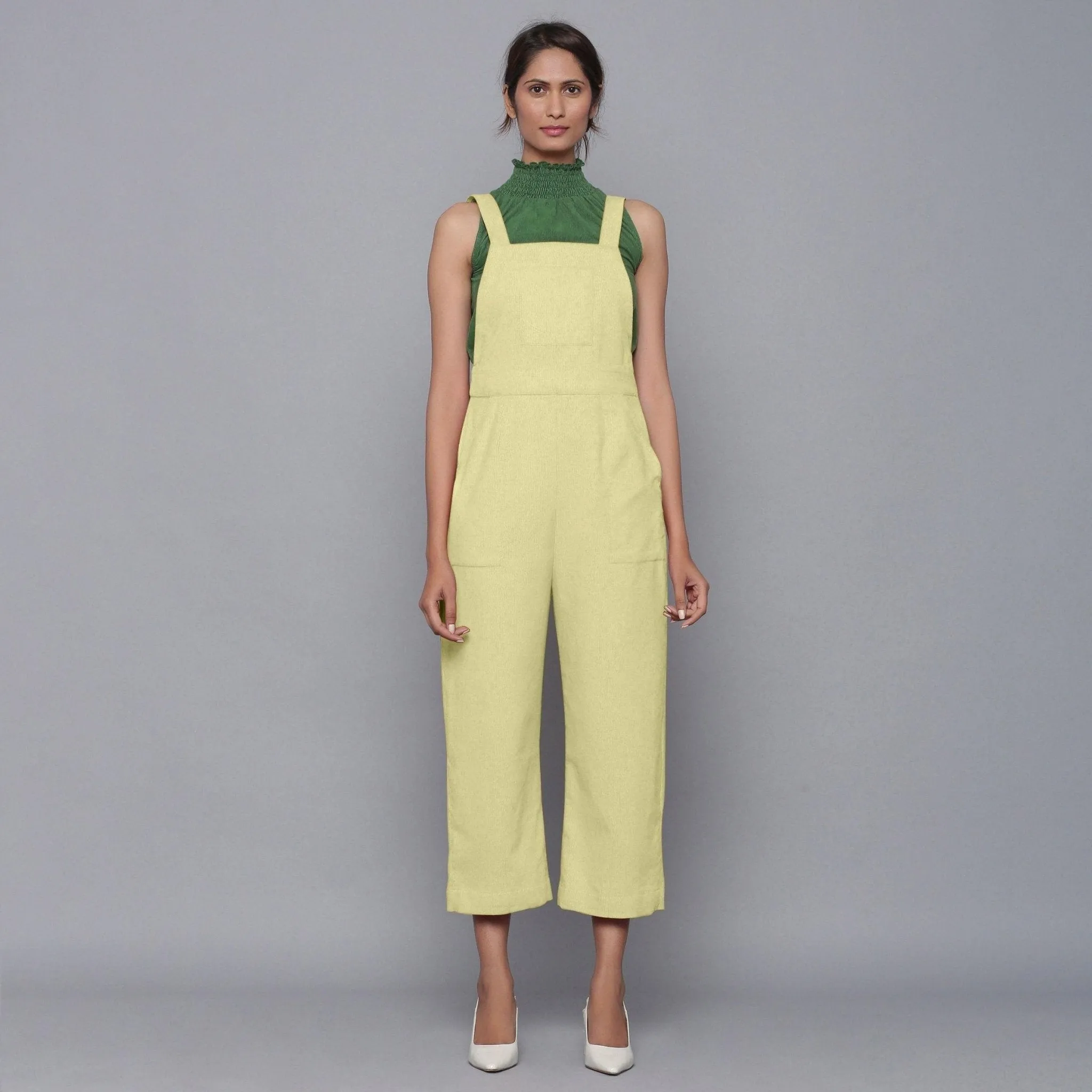 Yellow Pistachio Warm Cotton Corduroy Midi Dungaree Jumpsuit
