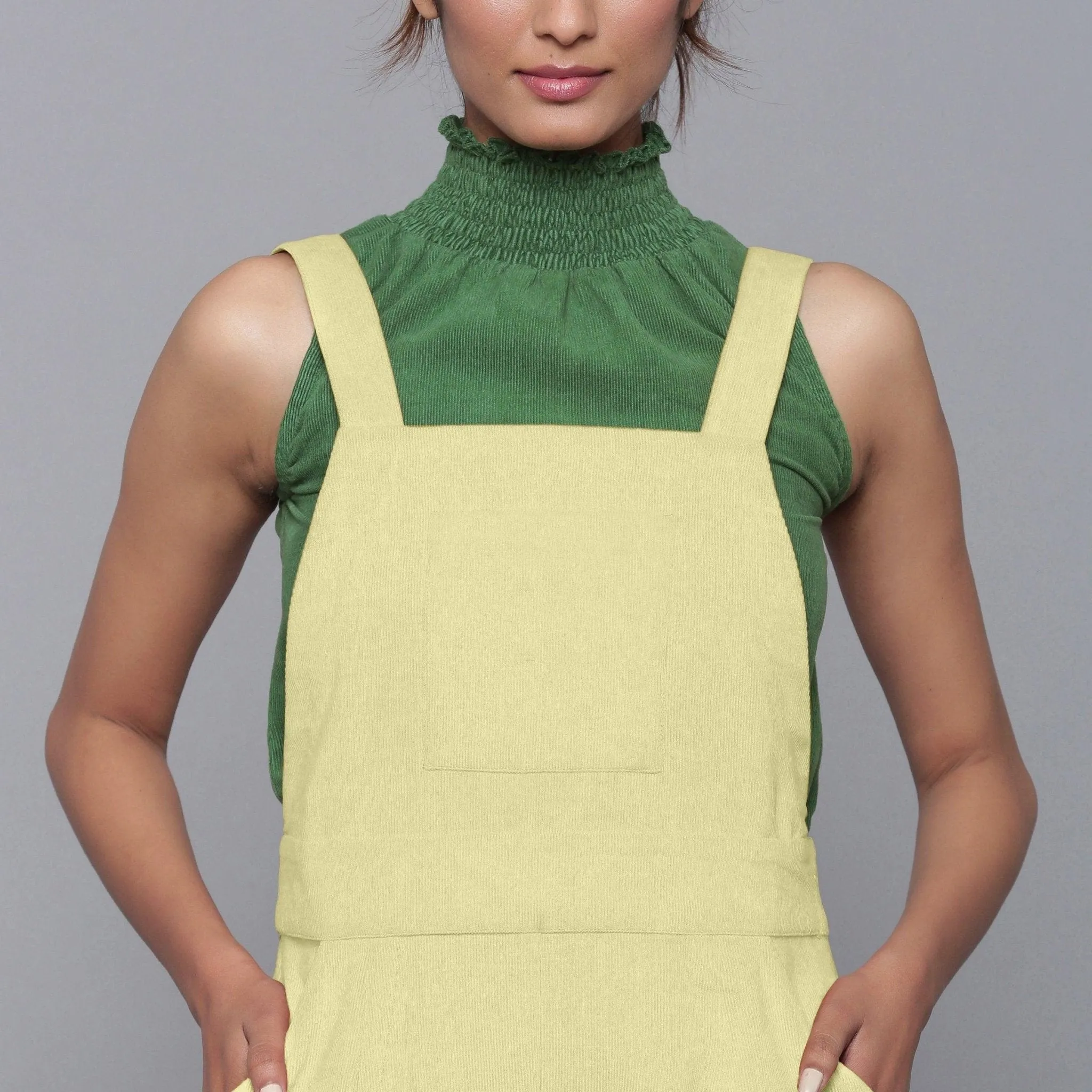 Yellow Pistachio Warm Cotton Corduroy Midi Dungaree Jumpsuit