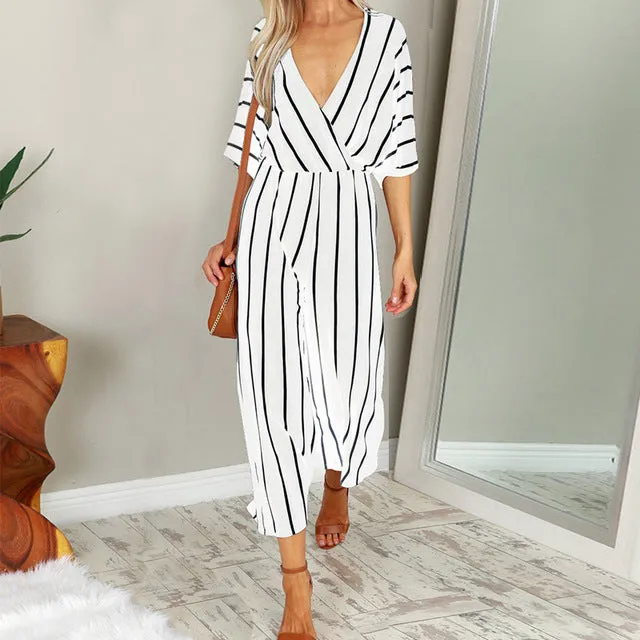 ZANZEA 2018 Summer Elegant Women Striped Jumpsuits Casual Loose Deep V-neck Bodysuit Wide Leg Long Playsuit White Black Rompers