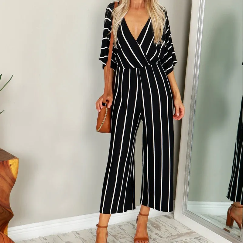 ZANZEA 2018 Summer Elegant Women Striped Jumpsuits Casual Loose Deep V-neck Bodysuit Wide Leg Long Playsuit White Black Rompers