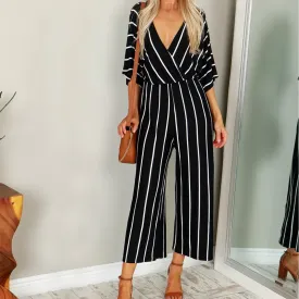 ZANZEA 2018 Summer Elegant Women Striped Jumpsuits Casual Loose Deep V-neck Bodysuit Wide Leg Long Playsuit White Black Rompers